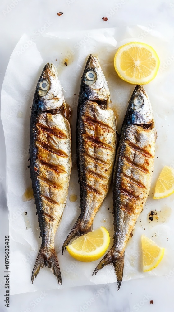 Smoked mackerel garnished with lemon slices on a white background, showcasing culinary presentation for seafood lovers Smoked mackerel garnished with lemon slices on a white background, showcasing culinary presentation for seafood lovers