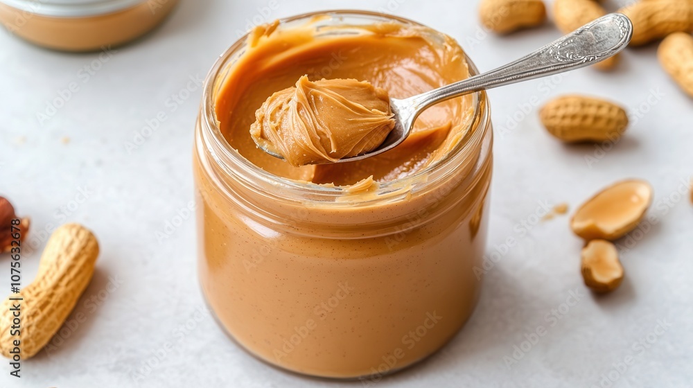 Close-up of creamy peanut butter jar with a spoon, highlighting its rich texture and enticing color, perfect for food lovers Close-up of creamy peanut butter jar with a spoon, highlighting its rich texture and enticing color, perfect for food lovers