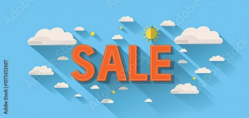  Bright Sky-Themed SALE Banner with Clouds, Sun, and Bold Orange Text for Promotions photo