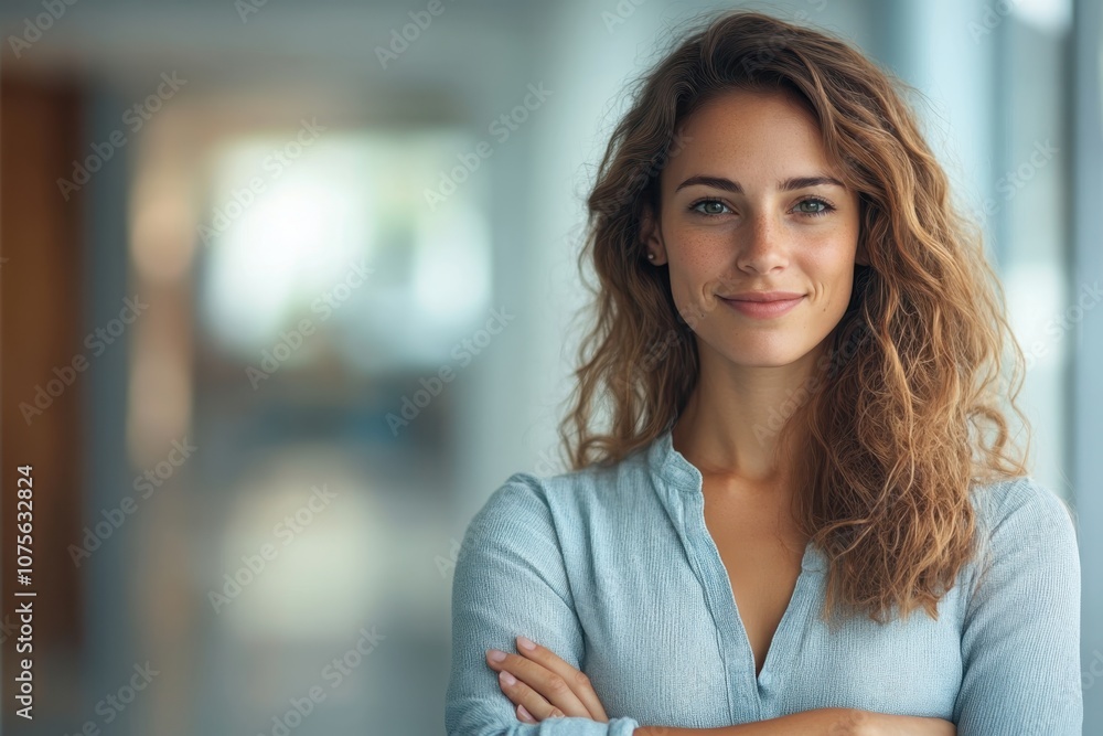 Young woman with curly hair smiling confidently in a modern indoor space during daylight Young woman with curly hair smiling confidently in a modern indoor space during daylight