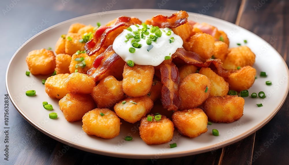 Crispy tater tots loaded with savory bacon, a dollop of creamy sour cream, and a sprink_1(1094) Crispy tater tots loaded with savory bacon, a dollop of creamy sour cream, and a sprink_1(1094)