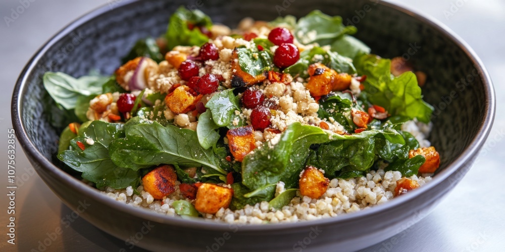 A colorful and fresh salad bowl featuring spinach, sweet potatoes, and pomegranate seeds. Ideal for health-focused meals or vibrant food photography. Enjoy nutritious flavors. AI A colorful and fresh salad bowl featuring spinach, sweet potatoes, and pomegranate seeds. Ideal for health-focused meals or vibrant food photography. Enjoy nutritious flavors. AI