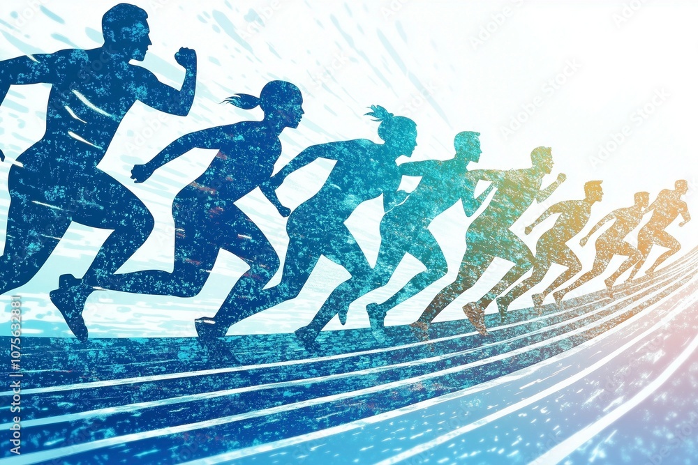 Silhouettes of people running side view, individual sports and team sports. Athlete. Walking, running, marathon. Ai generative