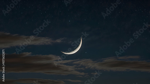 Crescent moon partially hidden by a thin layer of clouds. Wallpaper