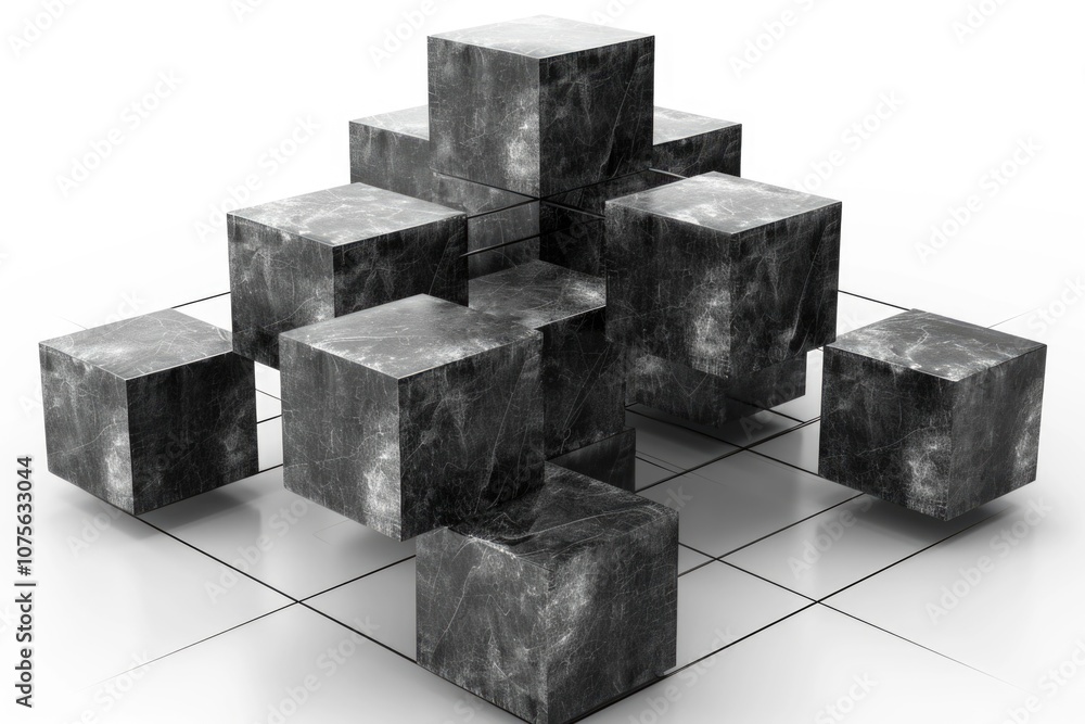 An arrangement of stone-like cubes patterned methodically on a grid background, representing structured design and architectural precision, giving a modern artistic impression. An arrangement of stone-like cubes patterned methodically on a grid background, representing structured design and architectural precision, giving a modern artistic impression.