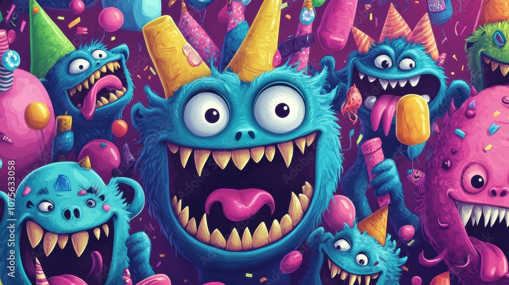 A vibrant gathering of colorful party monsters celebrating with ice cream and confetti. A vibrant gathering of colorful party monsters celebrating with ice cream and confetti.