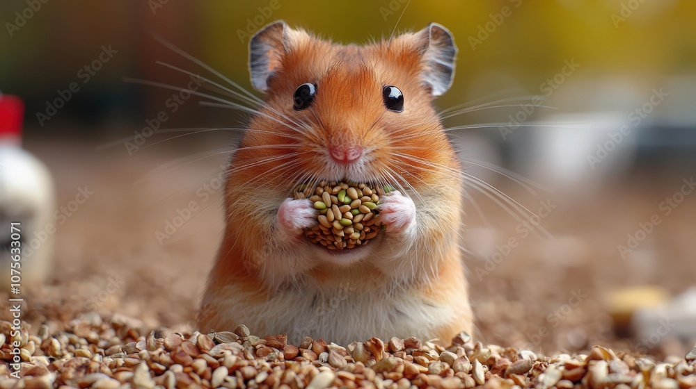 A cute hamster holding a seed surrounded by scattered grains in a sunny outdoor setting A cute hamster holding a seed surrounded by scattered grains in a sunny outdoor setting