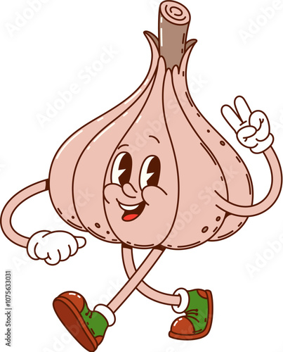 Groovy ripe garlic vegetable happy character. Vegetarian food healthy product cheerful hippie vector character, agriculture veggie or farming market fresh garlic vegetable isolated groovy personage