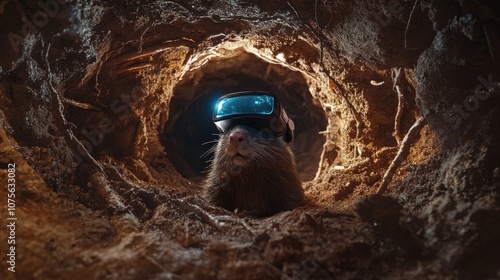 A small mole is wearing a virtual reality headset and standing in a cave. The cave is dark and the creature appears to be exploring it photo