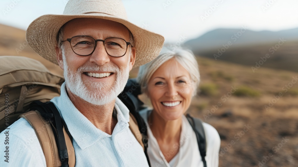 Retired couple enjoying a journey through ancient ruins while learning about history in a beautiful foreign landscape Retired couple enjoying a journey through ancient ruins while learning about history in a beautiful foreign landscape