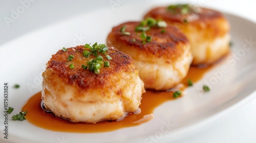 Elegant homemade fish cutlets cakes with rich sauce on a white plate, topped with fresh chives in soft natural light during daytime