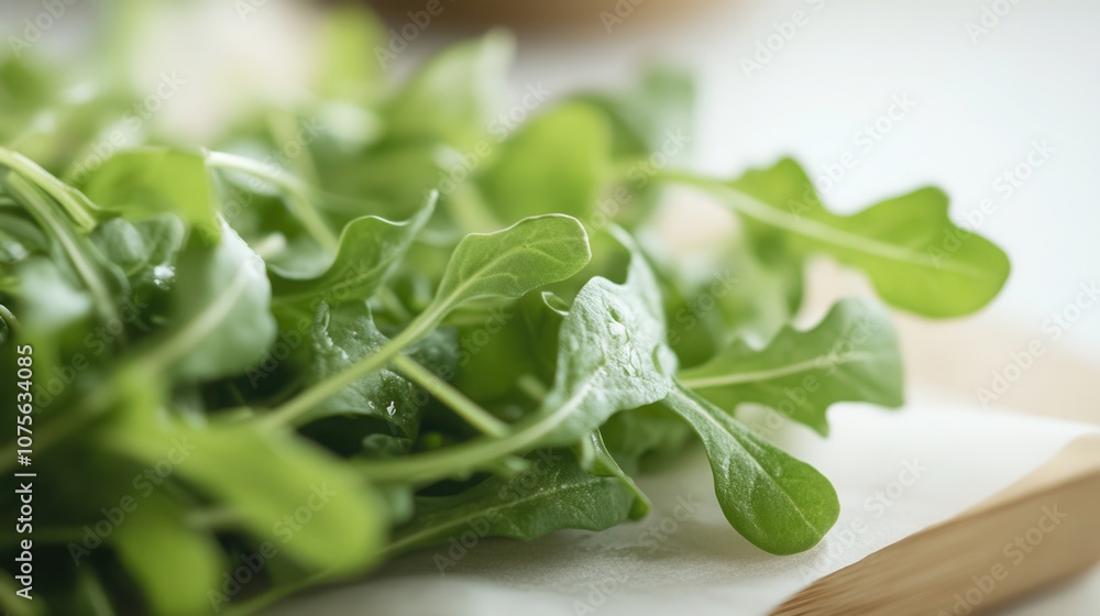 Fresh arugula leaves on a clean white surface captured with a 50mm lens showcasing the vibrant greens in natural light Fresh arugula leaves on a clean white surface captured with a 50mm lens showcasing the vibrant greens in natural light