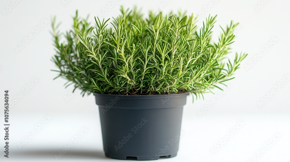 A vibrant rosemary bush in a black pot against a clean white background on a bright, sunny day A vibrant rosemary bush in a black pot against a clean white background on a bright, sunny day