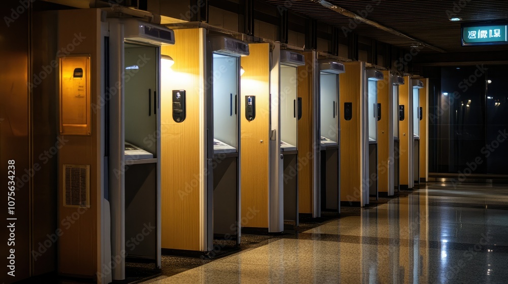 Line of voting privacy booths at a polling station, perfectly arranged, ready for voters to make their choices with privacy assured.