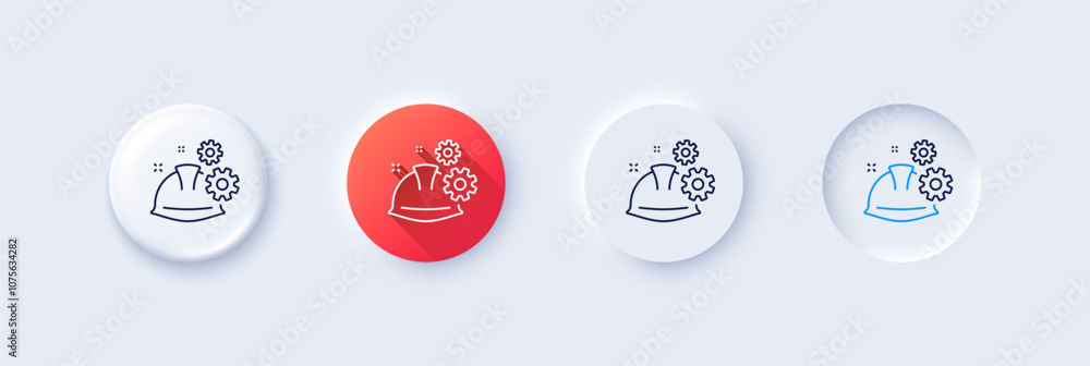 Engineering working process line icon. Neumorphic, Red gradient, 3d pin buttons. Engineer or architect helmet sign. Industrial job symbol. Line icons. Neumorphic buttons with outline signs. Vector Engineering working process line icon. Neumorphic, Red gradient, 3d pin buttons. Engineer or architect helmet sign. Industrial job symbol. Line icons. Neumorphic buttons with outline signs. Vector