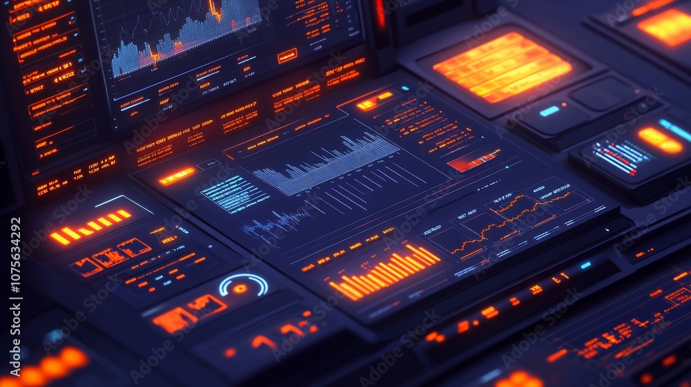 Obraz premium Futuristic interface with glowing digital displays and data.