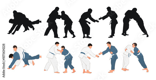 Judoka, judoist, athlete duel, fight, judo, sport figure, silhouette outline
