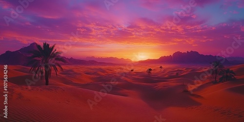 A breathtaking sunset casts a warm glow over the sand dunes of the desert, with palm trees silhouetted against the vibrant sky.