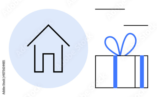 House outline within a blue circle, next to a white gift box with blue ribbon. Ideal for homecoming, real estate, gifts, celebrations, hospitality, holidays and family. Line metaphor