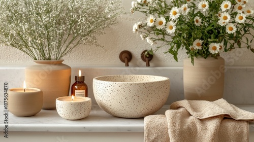 A bathroom sink with candles, flowers, and a towel.