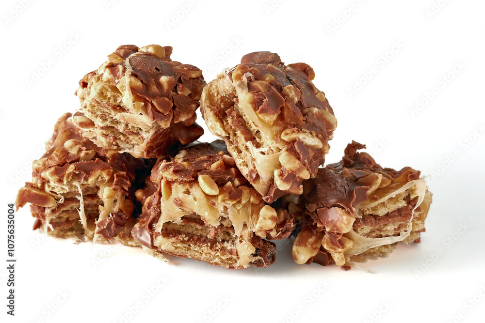 broken pieces of wafer caramel bar covered with nuts and chocolate glaze isolated on white background broken pieces of wafer caramel bar covered with nuts and chocolate glaze isolated on white background