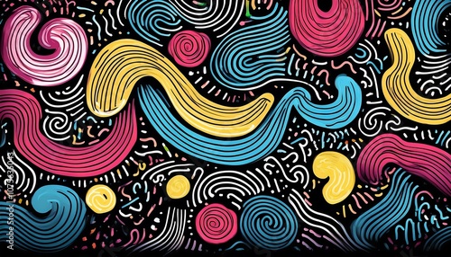 Black squiggly lines and colorful shapes are drawn freehand in a playful, childlike style o_1(917)