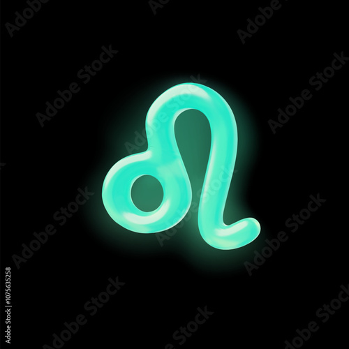3D Leo zodiac sign, neon aquamarine color glowing horoscope symbol on dark, vector volume astrological design element