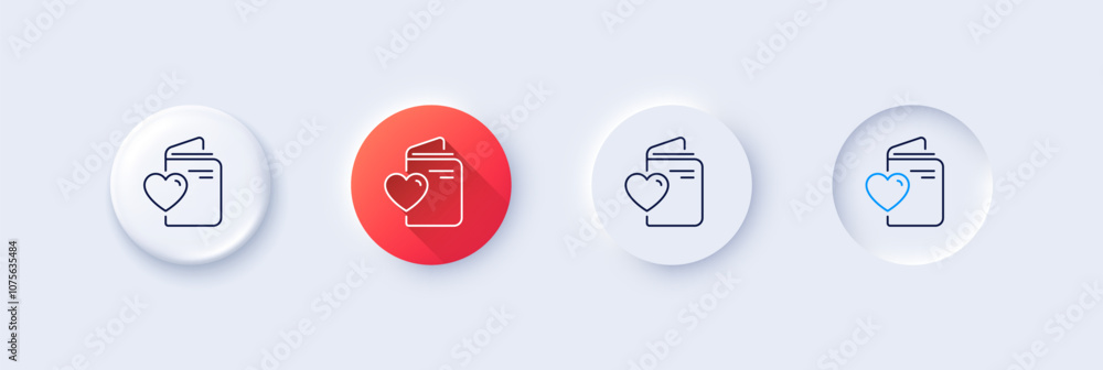 Love document line icon. Neumorphic, Red gradient, 3d pin buttons. Wedding passport sign. Couple relationships symbol. Line icons. Neumorphic buttons with outline signs. Vector Love document line icon. Neumorphic, Red gradient, 3d pin buttons. Wedding passport sign. Couple relationships symbol. Line icons. Neumorphic buttons with outline signs. Vector
