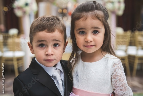 Children in formal attire at a wedding – boy in suit and girl in white dress