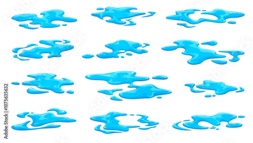 Liquid water splash, rain water puddles, cartoon leakage. Isolated vector set of blue water splashes with uneven fluid wavy edges and drops. Rainwater stains or blobs, wet watery shapes or leaks