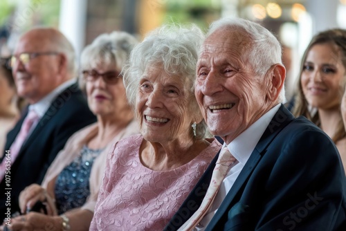 Elderly couple at wedding with family in background 