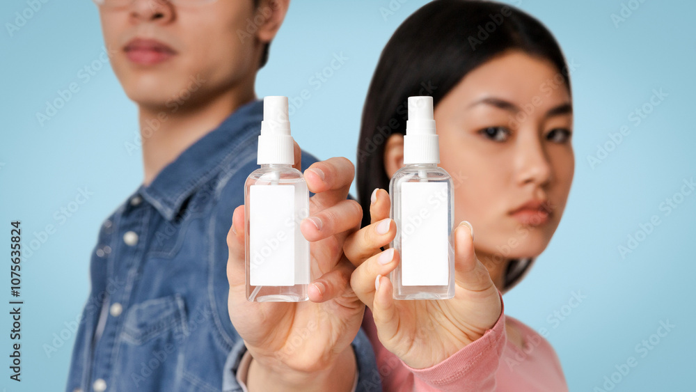 Bottles Of Sanitizing Sprays With White Sticker Label In Hands Of Chinese Couple, Light Studio Background, Selective Focus Bottles Of Sanitizing Sprays With White Sticker Label In Hands Of Chinese Couple, Light Studio Background, Selective Focus