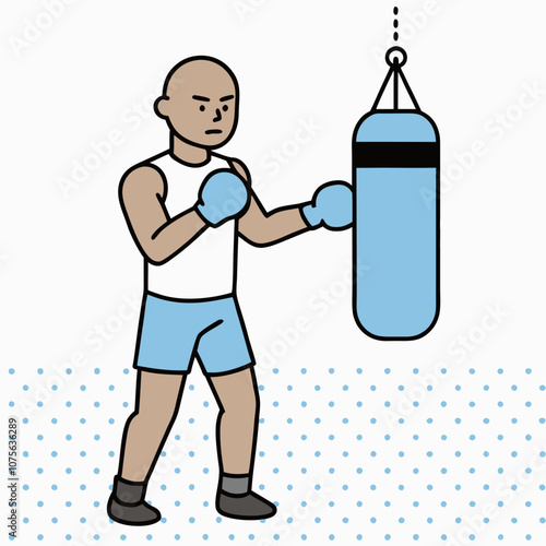 A man is boxing with a blue bag. The man is wearing a white shirt and blue shorts