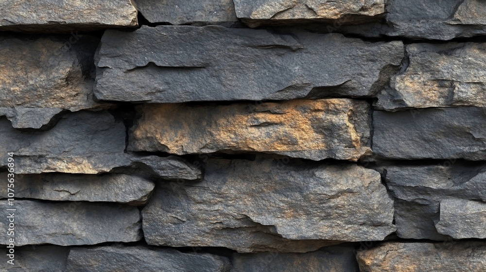 Close-up of a textured stone wall with irregular, dark gray and brown stones arranged in a stacked pattern. Close-up of a textured stone wall with irregular, dark gray and brown stones arranged in a stacked pattern.