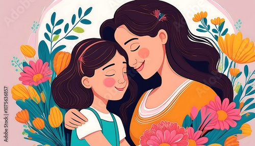  A vector illustration of a mother and daughter hugging, surrounded by flowers and holdi_1(735) photo