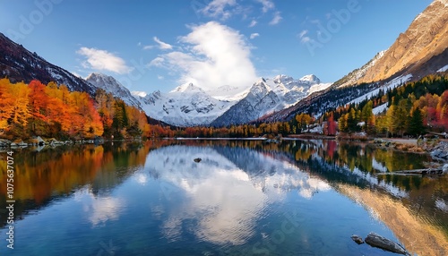  A tranquil mountain lake surrounded by vibrant autumn hues and dusted with snow atop the ru_1(728)