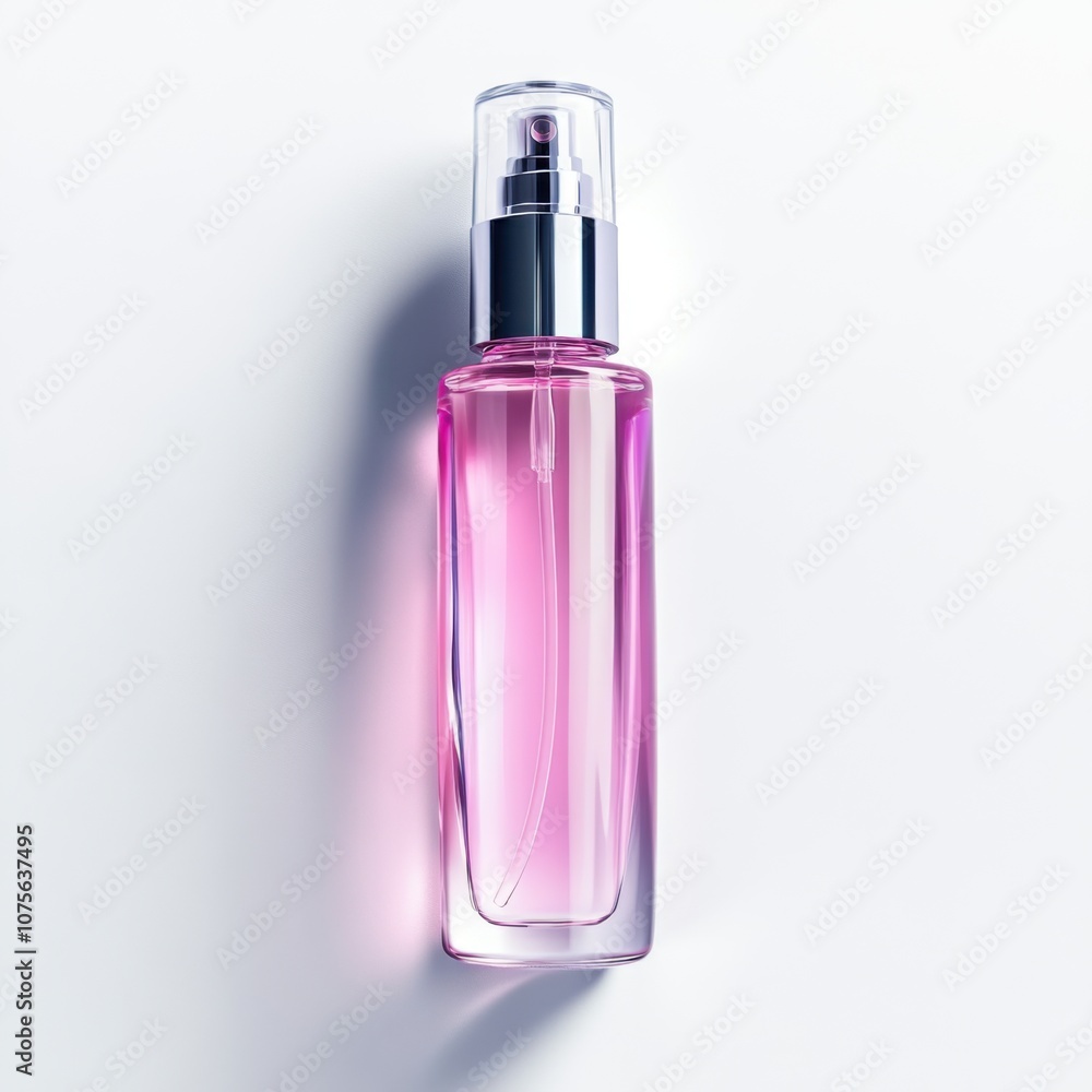 Hydrating face mist bottle with pink liquid on white background Hydrating face mist bottle with pink liquid on white background