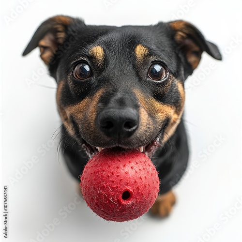 Happy dog with red squeaky toy on white background