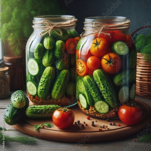 Vegetables in canning jars on a wooden board.