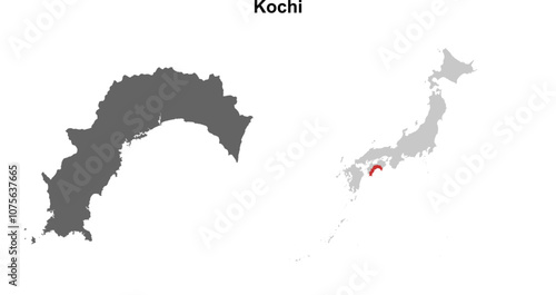 Kochi prefecture blank outline map set