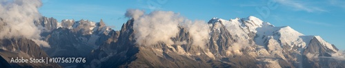 The panorama of Mont Blanc massif Les Aiguilles and Grand Gorasses.