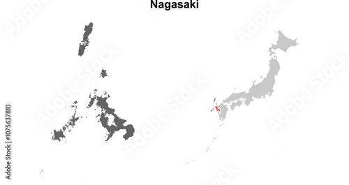 Nagasaki prefecture blank outline map set