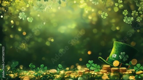 St. Patrick’s Day Background with Shamrocks, Leprechaun Hat, Gold Coins, and Space for Text