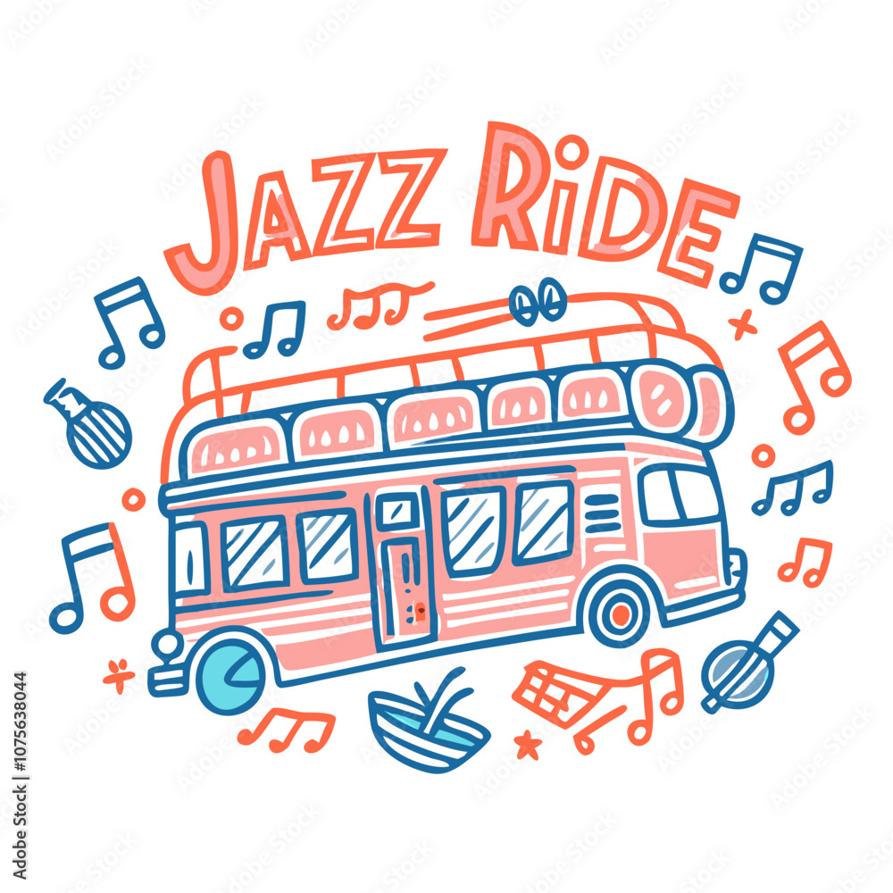 Fun jazz-themed bus ride with musical notes illustration. Fun jazz-themed bus ride with musical notes illustration.
