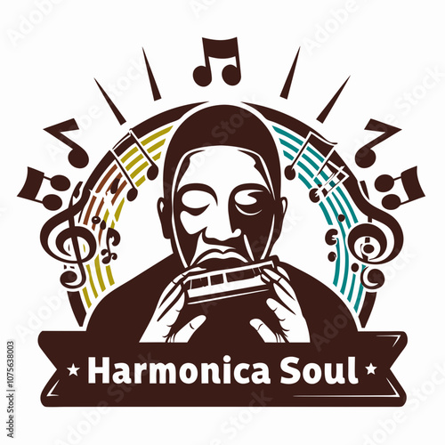 Harmonica Soul logo with musician and colorful music notes.