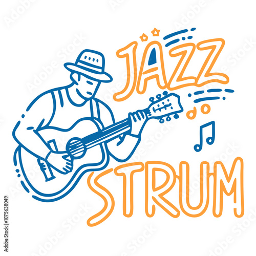 Jazz Strum logo with guitarist illustration in line art style