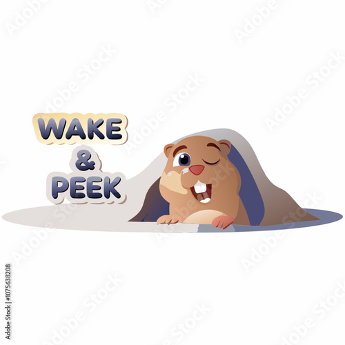 Cute cartoon groundhog waking up in "Wake & Peek" logo