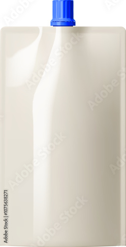 Mayonnaise sauce container package with a blue cap. Realistic 3d vector pouch bag for convenient storage and dispensing mayo condiment. Modern culinary and kitchen packaging for food product showcase