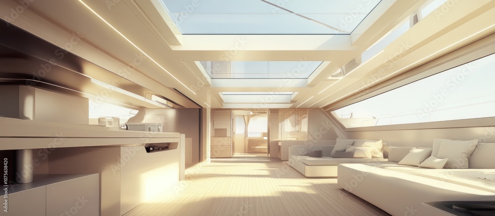Modern yacht interior with large windows and skylights, offering natural light and spacious seating. Modern yacht interior with large windows and skylights, offering natural light and spacious seating.