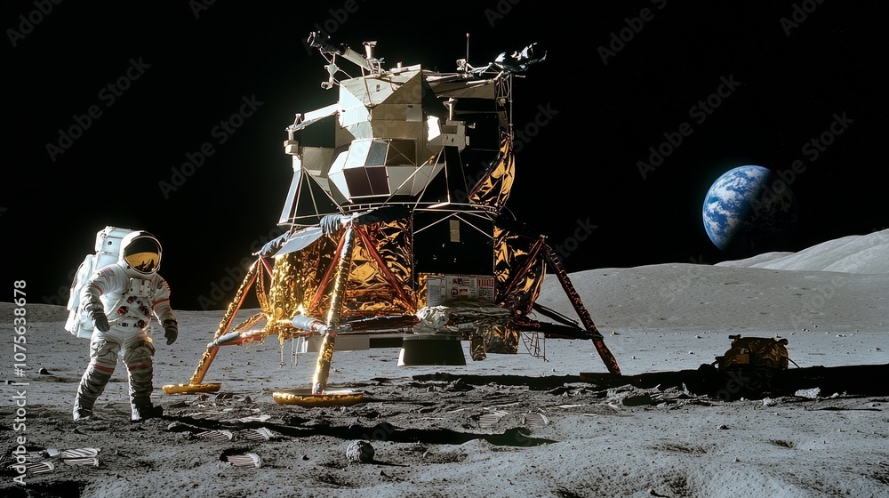 Astronauts exiting lunar lander with Earth Astronauts exiting lunar lander with Earth